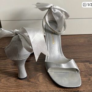 Nina Silver Satin Ankle-Tie Heeled Sandals